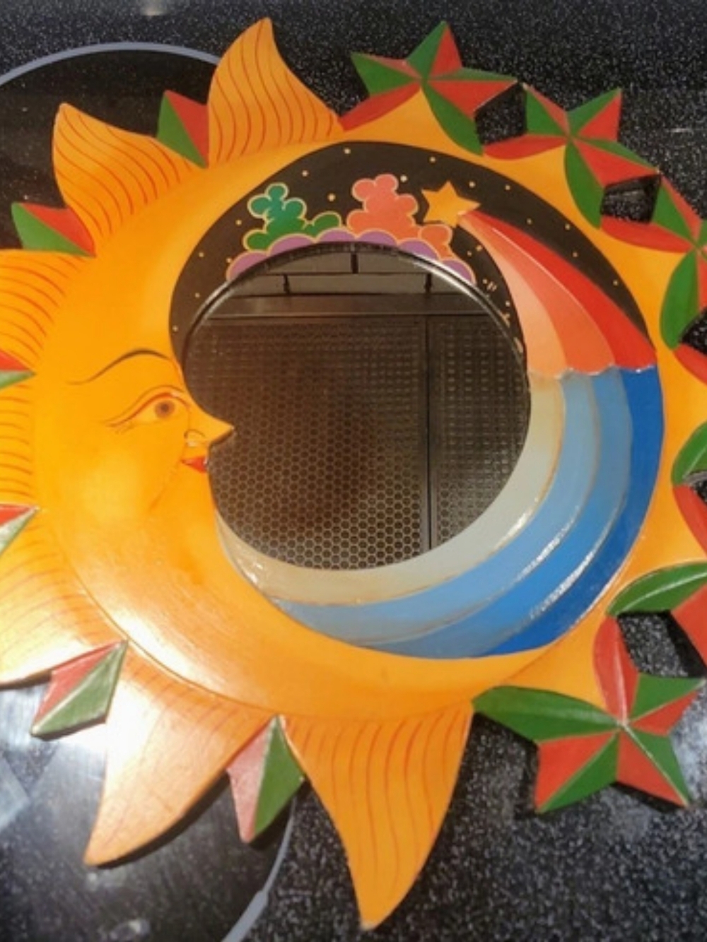 Sunburst Decorative Wall Mirror in Orange, Blue & Green.